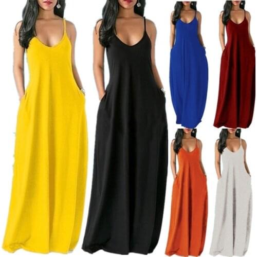 Sexy Solid Maxi Dress Women Summer Casual Sleeveless Strap Long Dress Female Loose V-Neck Pockets Robe Camisole Dress Plus Size