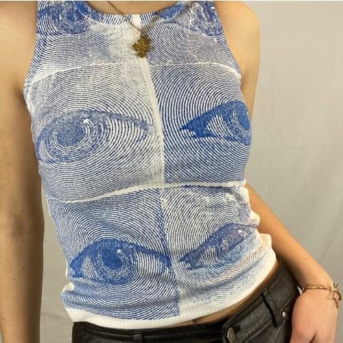 Harajuku Y2K Aesthetic 90s Eyes Printed Tank Tops Women Sleeveless Crop Top Vintage Sweats Vest Streetwear Summer Clothing