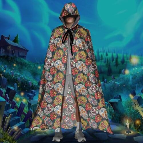 Vintage Halloween Hooded Cloak Sugar Skull Floral Print Unisex Full Length Vampire Witch Cosplay Costumes Hood Robes Capes 2021