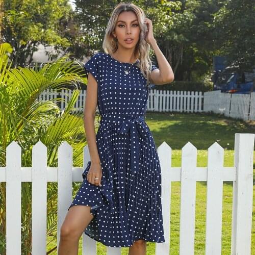 YGhan 2021 Summer New Mid-length Polka-dot Round Neck Lace drawstring Short-sleeved Lace Pleated Dress Women
