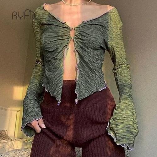 RYFIX 90s Aesthetics Ruffles Button Green T-shirts Fairy V-neck Flare Sleeve Ruched Slit Crop Tops Sexy Tee Clothing Women