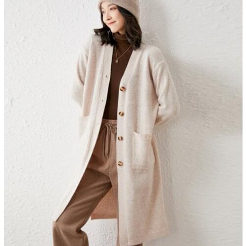 2021 Autumn Winter New Large Size Coat 100%Pure Wool Thick Knitted Cardigan Women V-Neck Long Loose Cashmere Sweater Wild Jacket