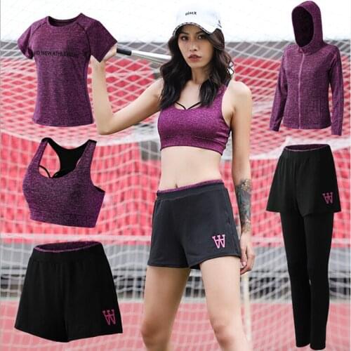 Hot sale 5 Piece set women yoga suit quick dry t shirt+bra+jackets+pants+shorts fitness gym sportswear clothing workout sets