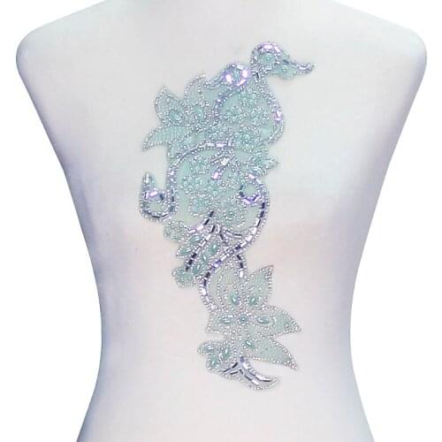 1 piece Emerald Green Long Flower Design Iron on Applique Patches Hot Fix Rhinestones DIY Clothes Decorative Sticker T2346