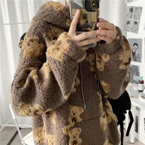 2021 Spring Fall Casual Sweet Fuzzy Women Jacket Kawaii Harajuku Bear Print Hooded Coat Men Warm Student 3 Color NewJackets Y2k