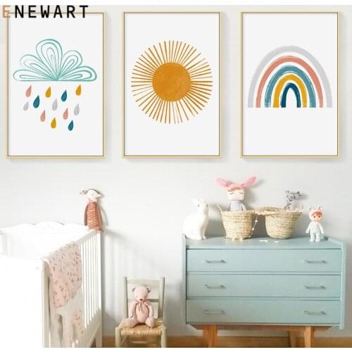 Abstract Rainbow Raincloud Sun Nursery Children Poster Canvas Art Print Wall Picture Painting Nordic Kid Baby Room Decoration
