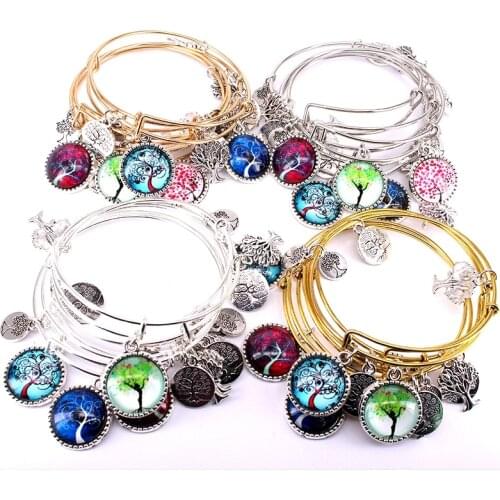 5pcs Bangle Set Glass Cabochon Charm Bracelets for Women Girls Jewelry Life Tree Charms Bangles Cuff Jewlery C049