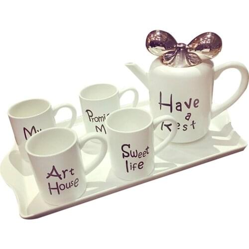 Tea Cup And Saucer Teapot With Lid Set Coffee Mug Bone China Cup Colorful Set Coffee Cup Bowknot Graceful Drinkware Big Tray Set