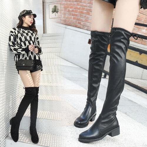 Long leather boots above the knee for woman elastic high-heeled Ms. sexy velvet slimming boots