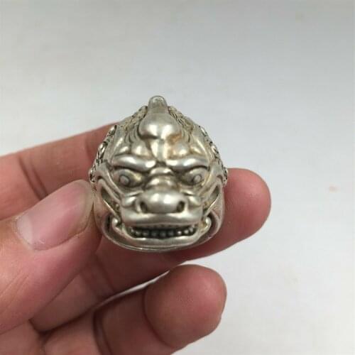 China old antique Tibetan silver handmade Unicorn kylin 22mm ring