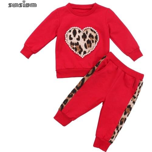 2Pcs Kids Autumn Clothing Baby Girl Clothes Long Sleeve Top with Pearl Heart Printed + Leopard Long Pants Sets Fashion Clothes