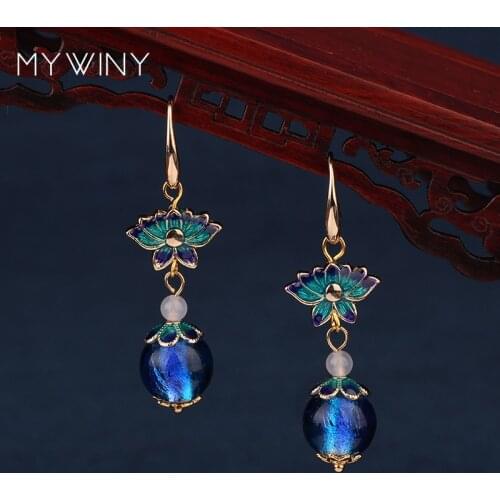 MYWINY New fashion jewelry Copper jewelry Cloisonne flowers earrings women, Chinese wind glass glazed earrings
