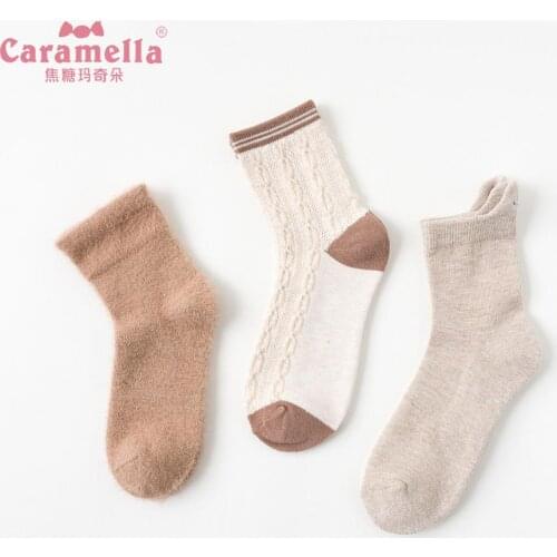 Caramella 2019 New Design Cotton Women Socks 3Pairs/Lot Khaki Striped Short Socks Comfy Funny Girls Socks Skarpetki Damskie