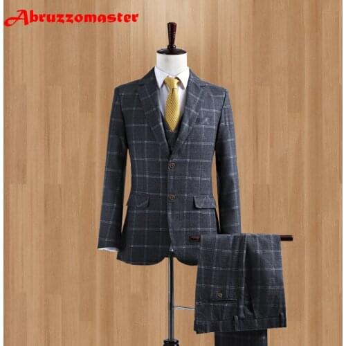 Latest Coat Pant Designs Groom Tuxedo Tweed Custom Made Grey Wool Men Suit Slim Fit Suits For Men Blazer (Jacket+Pant+Vest)