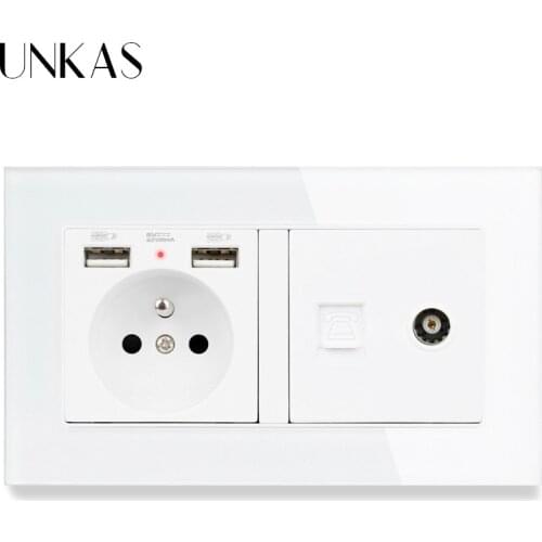 UNKAS Glass Panel French Standard Socket with 2 USB Charge Port +1 Gang Female TV Connector RJ11 2 Core Telephone Connector