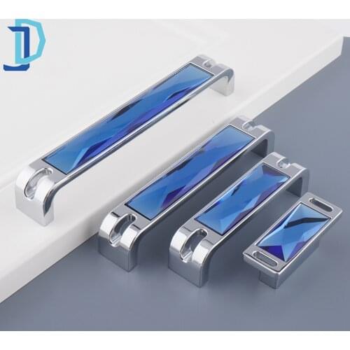 Blue Crystal Handles Wardrobe Cabinet Knobs Sliding Glass Door Pull Kitchen Room Handles For Furniture