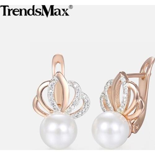 Crown Shaped Pearl Earrings For Women Girls 585 Rose Gold Earrings Clear Cubic Zircon CZ Womens Jewelry Valentines Gifts KGE150