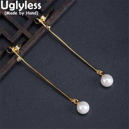 Uglyless Gold Natural Pearls Earrings for Women Real 925 Silver Sticks Fashion Dress Earrings Elegant Pearls Brincos Crystals
