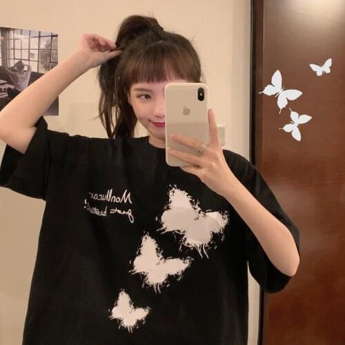 Butterfly Print Loose Tshirt Womens T-shirts Tops Japanese Kawaii Ladies Ulzzang Female Korean Harajuku Clothes For Women