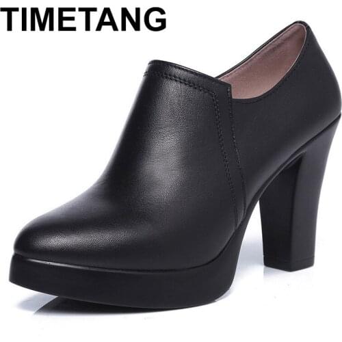 TIMETANGDeep Block Genuine Leather Block Heels Women Shoes Pumps 2019 Autumn Black High Heels Office Shoes Plus Size35-43E1288