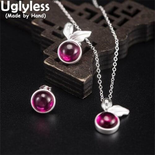 Uglyless Asymmetric Design Studs Earrings Necklaces Women Pretty HOT PINK Corundum Jewelry Sets 925 Silver Leaf Pendants + Chain