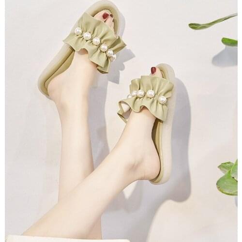 Women Summer New Pearl Flat Soft Bottom Slippers Womens Outer Wear Fashion Leisure Sandals