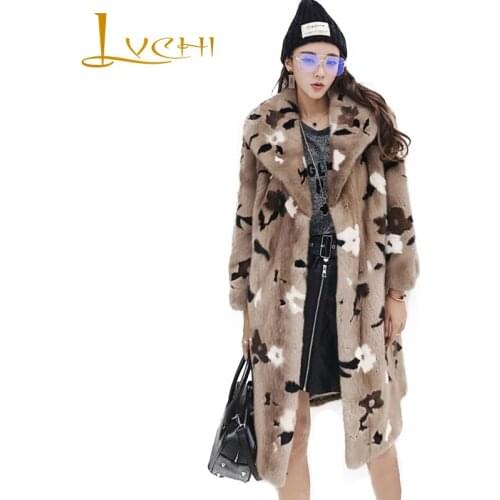 LVCHI Winter 2019 Real Fur Mink Coat Nine Quarter Print Natural Fur Causal Coat Womens Turn-Down Collar X-Long Loss Mink Coats