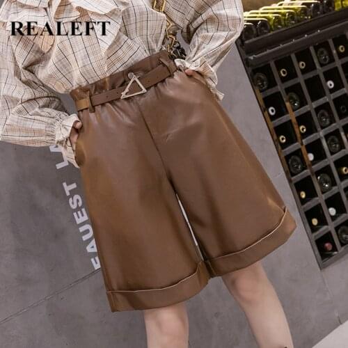 REALEFT PU Faux Leather Womens Shorts with Belt 2021 Autumn Winter High Waist Wide Leg Pants Elegant Loose Trousers Pockets