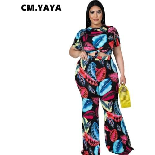 CM.YAYA Women Plus Size Two Piece Set Print O-neck Short Sleeves Top&Long Wide-leg Pants Casual Loose Outfits Autumn 2021