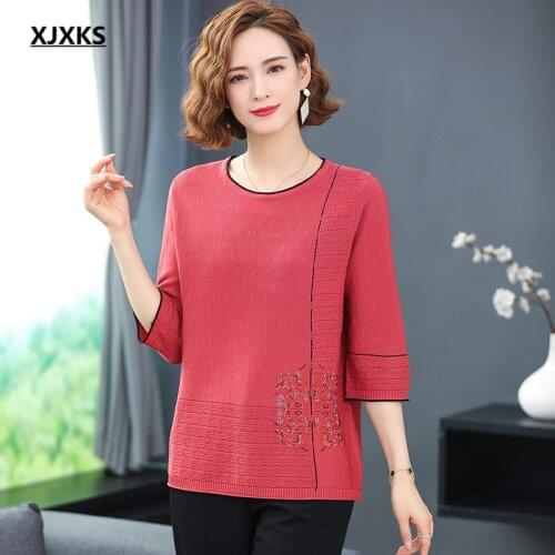 XJXKS Round neck three-quarter sleeve women thin sweater 2021 autumn new exquisite diamond wool knitted sweater women pullover