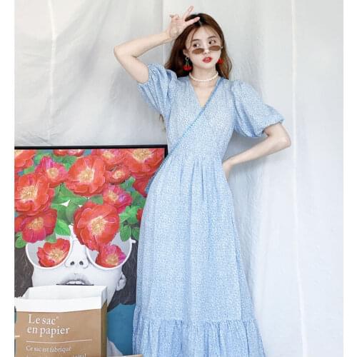 Woman Dresses 2021 Blue Printed V-neck Puff Sleeve Ruffled Floral Wrap Dress Summer Dress Vestido De Mujer Femme Robe