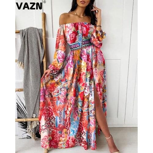 VAZN 2020 New High Quality Plus Size Retro Holiday Sexy Chiffon Style Strapless Full Sleeve High Waist Women A-line Maxi Dress