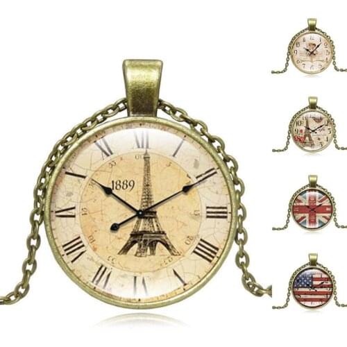 2019 Vintage Fashion Fake Watch Time Gem Pendant necklace Retro Clock Glass Pendant Necklace Sweater Necklace Memory Gift