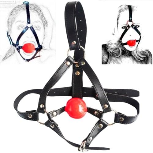 PU Leather Head Harness Bondage Open Mouth Gag Restraint Red Silicone Ball Adult Fetish SM Sex Game Toys for Women Couple