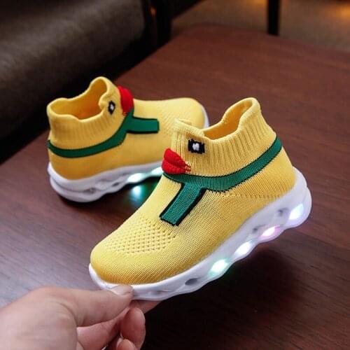 Children Girl Boy Sneakers Casual Breathable LED Flashing Sole Lace-Up Flying Woven Duck Noodle Sports Shoes