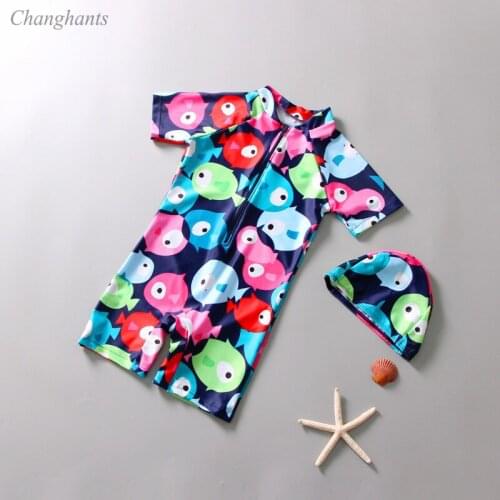 1-7 Y Children One Piece Swimsuit Swimming Cap Girls Short Sleeve Rash Guard Kids Surfing Suit Dark Blue White with Fish Pattern
