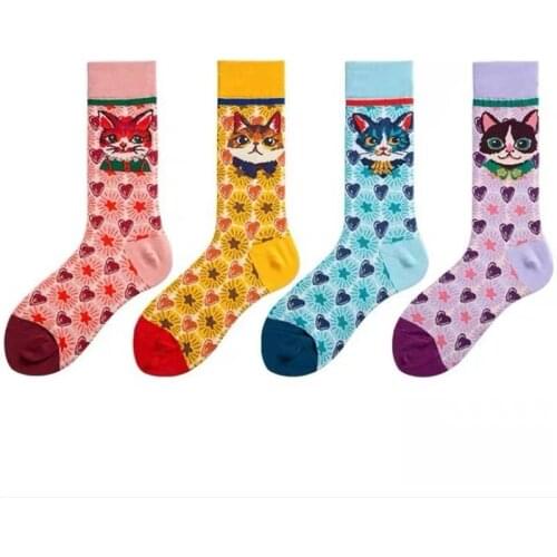 Adult Cotton Socks Cartoon Lemon Yellow Taro Purple Pink Blue Lovely Cat Head Love Heart Star Hearts Stars Bright Color Lolita