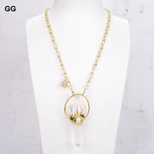 GuaiGuai Jewelry White Quartz Point Pendant Biwa Pearl Pendant Chain Necklace 20"