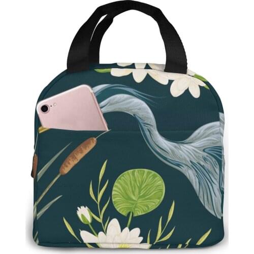 Heron Bird, Water Lily And Bulrush Lunch Bag Portable Insulated Thermal Cooler Bento Lunch Box Tote Picnic Storage Bag Pouch