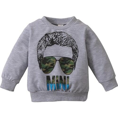 Kid Boys Autumn Hoodie Toddlers Glasses Head Portrait Letter Printing Long Sleeve Round Collar Tops Casual Clothes