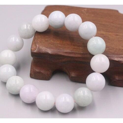 Fine 100% Natural Grade A Jade / Jadeite Beads Light Green Round Beads Bracelet 13-14mmW 7.8inches