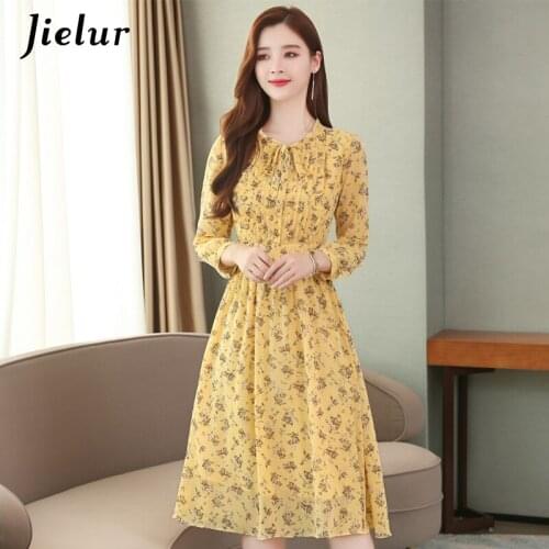 Jielur Autumn Dress Floral Print Yellow Long Sleeve Chiffon Dresses Elastic Waist Robe Femme Chic O-neck Elegant A-line Dresses