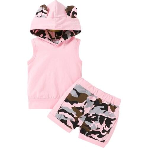 Lioraitiin 0-24M Newborn Baby Girls 2Pcs Clothes Set Pink Hooded Tops Camouflage Printed Pattern Shorts Fashion Outfit