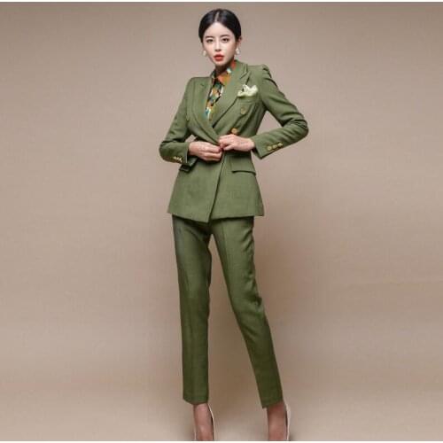 Korean Army green Professional womens autumn and winter office lady western British style suit fashion two piece jacket+pants