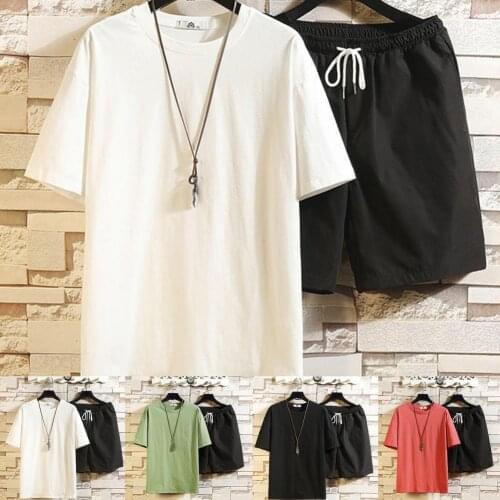 Korean Loose Men Sets Simple Tees Knee-length Solid shorts Summer Leisure Chic Male Set Fashion All-match Soft Daily