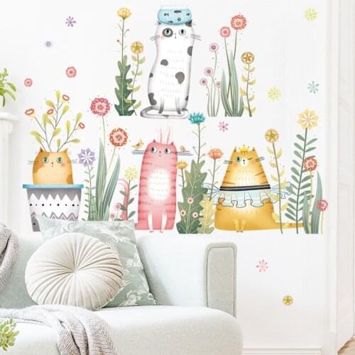 Creative Cat Flower Wall Sticker Kids Room Decoration Children Bedroom Nursery DIY Wall Decals Self-adhesive Kitten Wallpaper