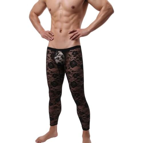 Men Running Long Pants Sexy Sheer Low Rise Lace Bulge Pouch Transparent Printd Footless Tights Trousers Gym Muscle Crop Top Cost