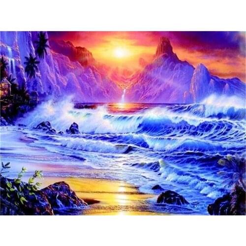Landscape Sunset Beach Waves DIY 11CT Embroidery Cross Stitch Kits Craft Needlework Set Cotton Thread Printed Canvas Sale