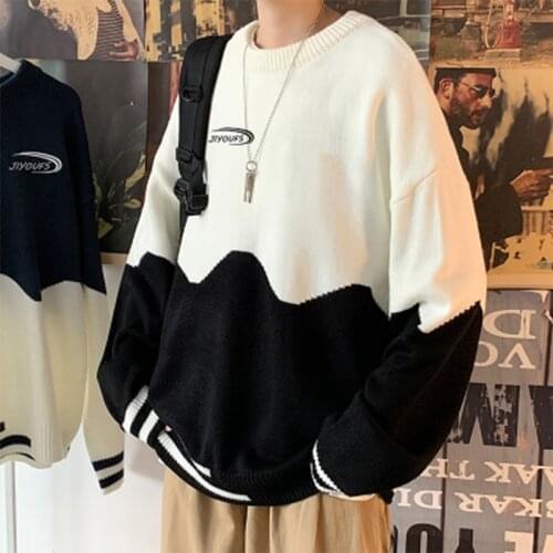 QRWR 2020 Autumn Winter New Sweater Men Casual O-Neck Thicken Sweaters Loose Patchwork Streetwear Knitwear Pullovers