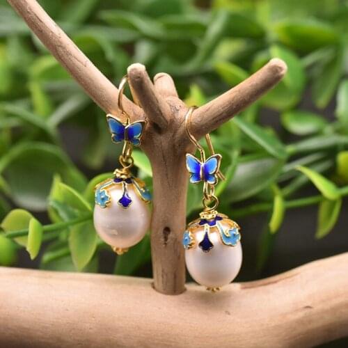 New Natural Freshwater Pearl Original Design Vintage Drop Earring For Women Wedding Ethnic Cloisonne Butterfly Dangle Earrings